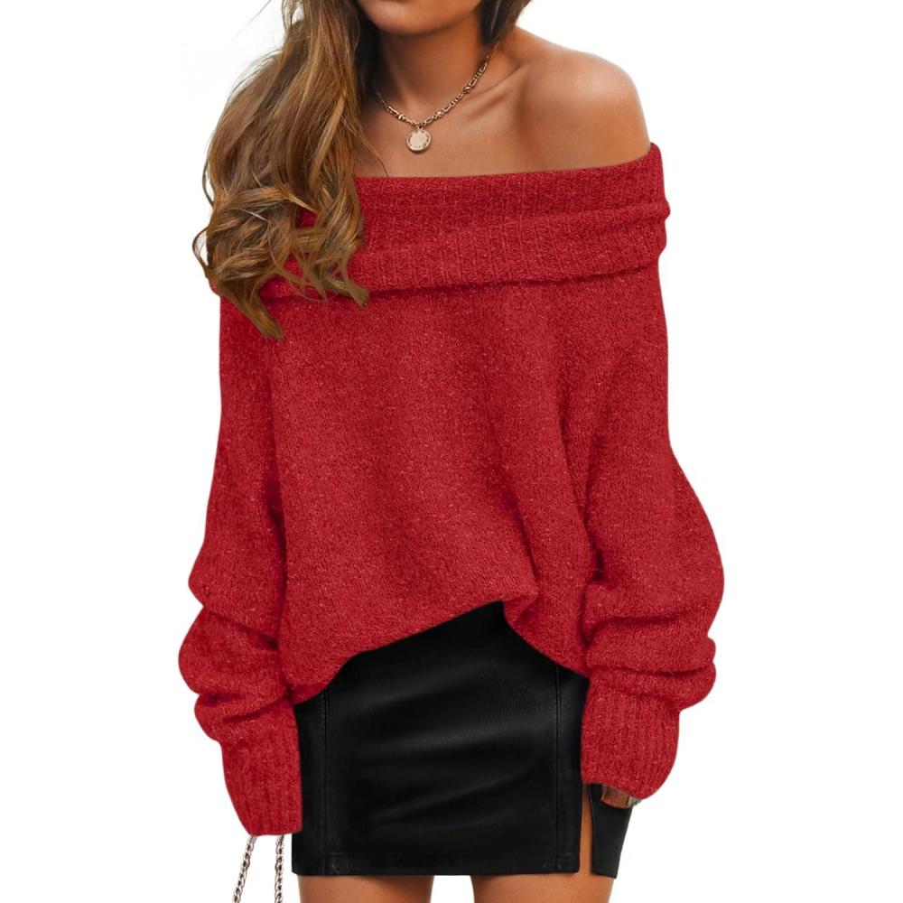 imageZESICA Womens Off The Shoulder Fall Sweaters Oversized Long Sleeve Pullover Tops 2025 Fashion Outfit ClothesRed