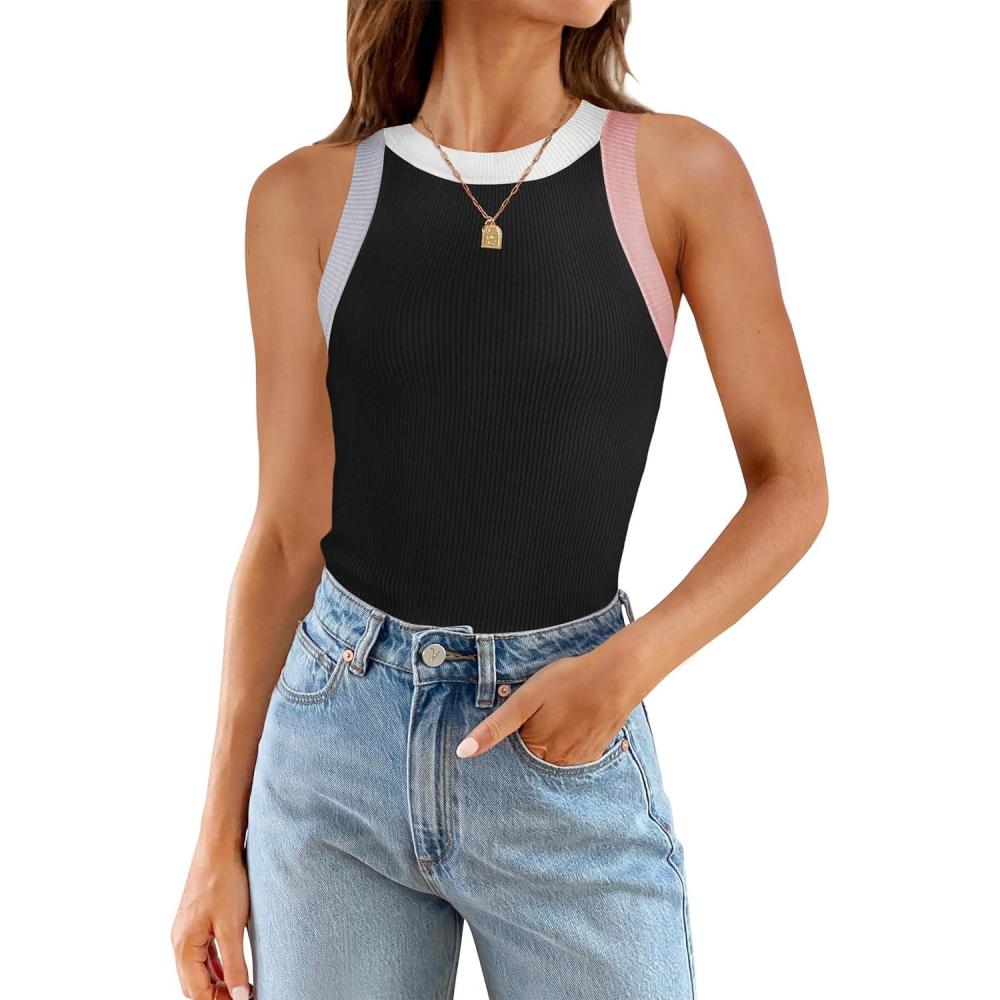 imageZESICA Womens Summer Sleeveless Tank Tops Ribbed High Neck Racerback Slim Fitted Color Block Casual ShirtsBlack