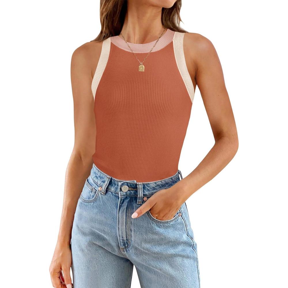 imageZESICA Womens Summer Sleeveless Tank Tops Ribbed High Neck Racerback Slim Fitted Color Block Casual ShirtsCoral
