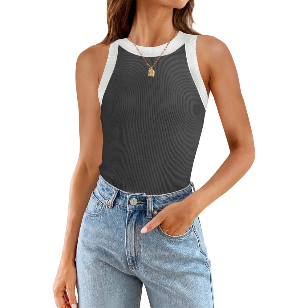 imageZESICA Womens Summer Sleeveless Tank Tops Ribbed High Neck Racerback Slim Fitted Color Block Casual ShirtsGrey