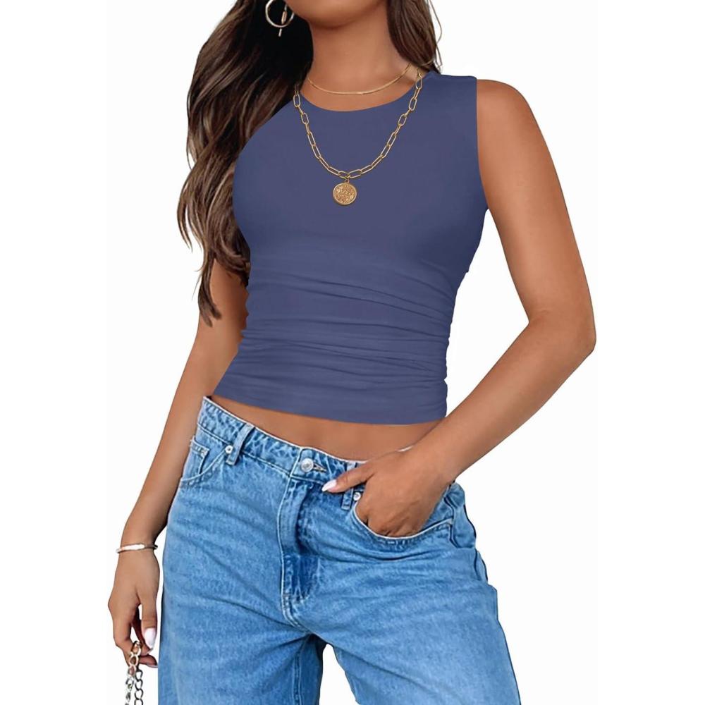 imageZESICA Womens Summer Tank Tops 2025 Sleeveless Crewneck Knit Slim Fitted Side Ruched Casual Basic ShirtNavy Blue