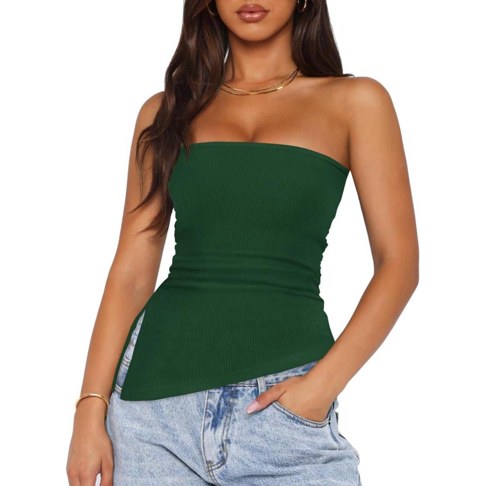 imageZESICA Womens Tube Top 2025 Summer Going Out Strapless Backless Ruched Trendy Tops Asymmetrical Bandeau OutfitsForestgreen