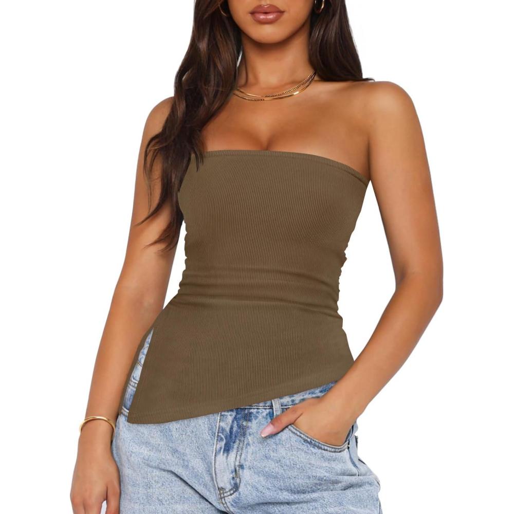 imageZESICA Womens Tube Top 2025 Summer Going Out Strapless Backless Ruched Trendy Tops Asymmetrical Bandeau OutfitsMocha