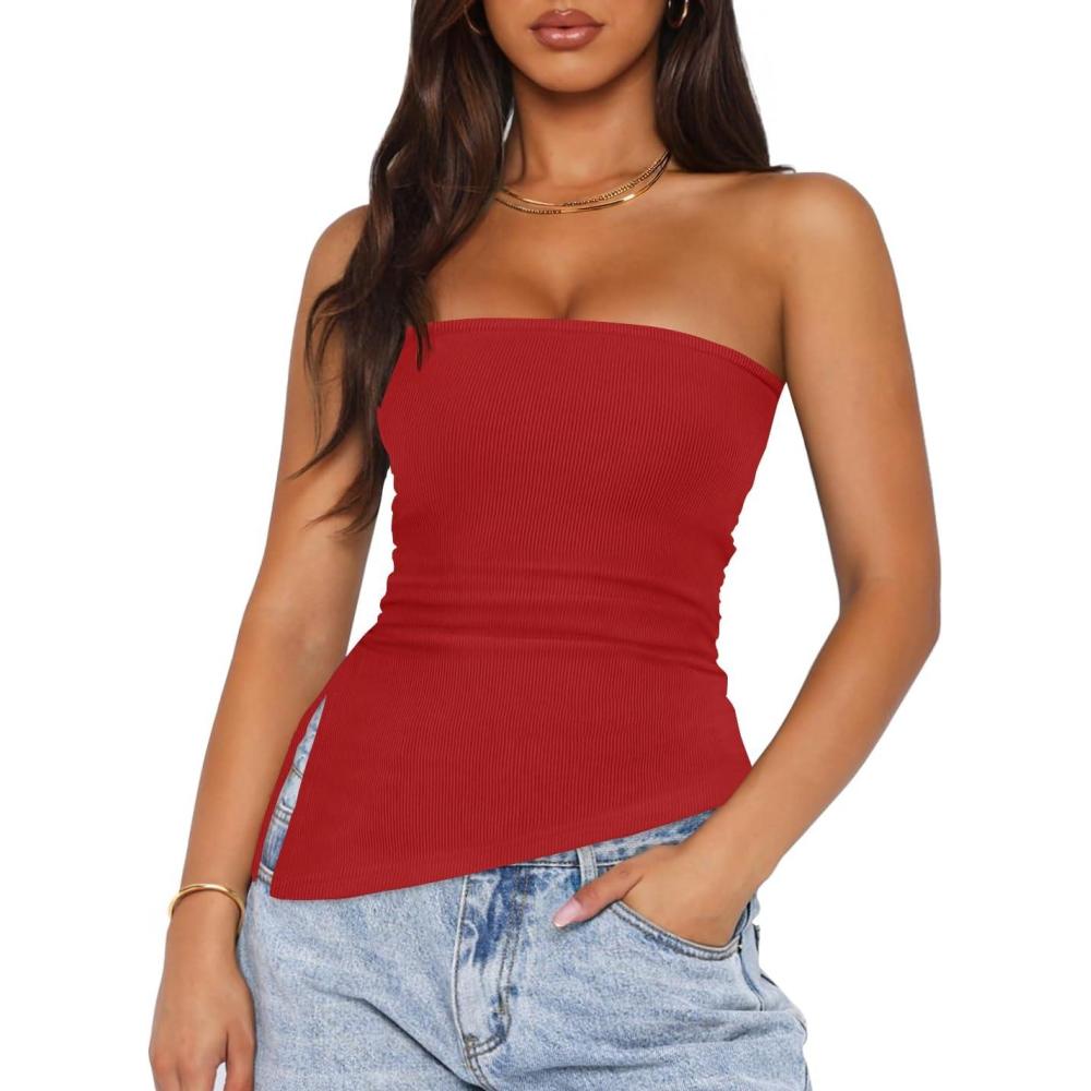 imageZESICA Womens Tube Top 2025 Summer Going Out Strapless Backless Ruched Trendy Tops Asymmetrical Bandeau OutfitsRed