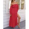 imageZESICA Womens 2025 Boho Sexy Off Shoulder Long Sleeve Smocked High Waist Side Split Flowy A Line Tiered Long Maxi DressCherry