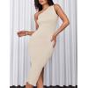 imageZESICA Womens 2025 Summer One Shoulder Bodycon Midi Dresses Casual Sleeveless Ribbed Knit Side Slit Sweater DressAlmond
