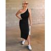 imageZESICA Womens 2025 Summer One Shoulder Bodycon Midi Dresses Casual Sleeveless Ribbed Knit Side Slit Sweater DressBlack