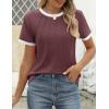 imageZESICA Womens Casual Short Sleeve Pleated Shirts 2025 Summer Dressy Crewneck Color Block TopsWine