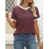 imageZESICA Womens Casual Short Sleeve Pleated Shirts 2025 Summer Dressy Crewneck Color Block TopsWine