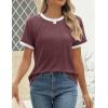imageZESICA Womens Casual Short Sleeve Pleated Shirts 2025 Summer Dressy Crewneck Color Block TopsWine