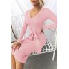 imageZESICA Womens Fall Sweater Dress V Neck Long Sleeve Ribbed Knit Tie Waist Bodycon Slim Fit Midi DressesPink