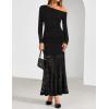 imageZESICA Womens Off Shoulder Cocktail Maxi Dresses 2025 Fall Long Sleeve Bodycon Ruched Lace Wedding Guest Party DressBlack