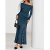 imageZESICA Womens Off Shoulder Cocktail Maxi Dresses 2025 Fall Long Sleeve Bodycon Ruched Lace Wedding Guest Party DressBlue