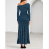 imageZESICA Womens Off Shoulder Cocktail Maxi Dresses 2025 Fall Long Sleeve Bodycon Ruched Lace Wedding Guest Party DressBlue