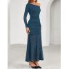 imageZESICA Womens Off Shoulder Cocktail Maxi Dresses 2025 Fall Long Sleeve Bodycon Ruched Lace Wedding Guest Party DressBlue