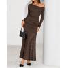 imageZESICA Womens Off Shoulder Cocktail Maxi Dresses 2025 Fall Long Sleeve Bodycon Ruched Lace Wedding Guest Party DressCoffee