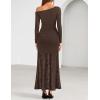 imageZESICA Womens Off Shoulder Cocktail Maxi Dresses 2025 Fall Long Sleeve Bodycon Ruched Lace Wedding Guest Party DressCoffee