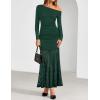 imageZESICA Womens Off Shoulder Cocktail Maxi Dresses 2025 Fall Long Sleeve Bodycon Ruched Lace Wedding Guest Party DressGreen