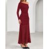 imageZESICA Womens Off Shoulder Cocktail Maxi Dresses 2025 Fall Long Sleeve Bodycon Ruched Lace Wedding Guest Party DressRed