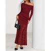 imageZESICA Womens Off Shoulder Cocktail Maxi Dresses 2025 Fall Long Sleeve Bodycon Ruched Lace Wedding Guest Party DressRed