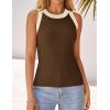 imageZESICA Womens Summer Sleeveless Tank Tops Ribbed High Neck Racerback Slim Fitted Color Block Casual ShirtsBrown