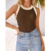 imageZESICA Womens Summer Sleeveless Tank Tops Ribbed High Neck Racerback Slim Fitted Color Block Casual ShirtsBrown
