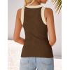 imageZESICA Womens Summer Sleeveless Tank Tops Ribbed High Neck Racerback Slim Fitted Color Block Casual ShirtsBrown