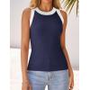 imageZESICA Womens Summer Sleeveless Tank Tops Ribbed High Neck Racerback Slim Fitted Color Block Casual ShirtsNavy