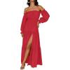 imageZESICA Womens 2025 Boho Sexy Off Shoulder Long Sleeve Smocked High Waist Side Split Flowy A Line Tiered Long Maxi DressCherry
