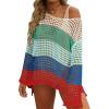 imageZESICA Womens 2025 Summer Crochet Hollow Out Long Sleeve Beach Bikini Swimsuit Mesh Cover Up Tunic TopBluegreen