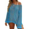 imageZESICA Womens 2025 Summer Crochet Hollow Out Long Sleeve Beach Bikini Swimsuit Mesh Cover Up Tunic TopLakeblue