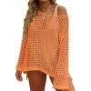 imageZESICA Womens 2025 Summer Crochet Hollow Out Long Sleeve Beach Bikini Swimsuit Mesh Cover Up Tunic TopOrange