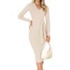 imageZESICA Womens Fall Sweater Dress V Neck Long Sleeve Ribbed Knit Tie Waist Bodycon Slim Fit Midi DressesApricot