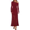 imageZESICA Womens Off Shoulder Cocktail Maxi Dresses 2025 Fall Long Sleeve Bodycon Ruched Lace Wedding Guest Party DressRed
