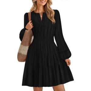 imageZESICA Fall Mini Dresses for Women 2025 Lightweight V Neck High Waist A Line Flowy Swing Casual Party DressBlack