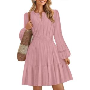 imageZESICA Fall Mini Dresses for Women 2025 Lightweight V Neck High Waist A Line Flowy Swing Casual Party DressPink