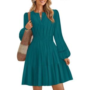 imageZESICA Fall Mini Dresses for Women 2025 Lightweight V Neck High Waist A Line Flowy Swing Casual Party DressTeal