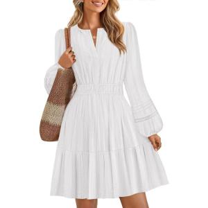 imageZESICA Fall Mini Dresses for Women 2025 Lightweight V Neck High Waist A Line Flowy Swing Casual Party DressWhite