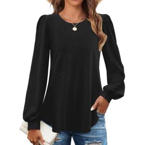 imageZESICA Long Sleeve Eyelet Tops for Womens Crew Neck Fall Shirts Casual Loose Blouses 2025 Trendy ClothesBlack