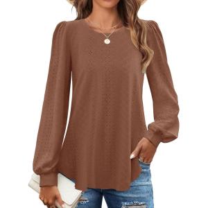 imageZESICA Long Sleeve Eyelet Tops for Womens Crew Neck Fall Shirts Casual Loose Blouses 2025 Trendy ClothesCaramel