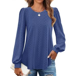 imageZESICA Long Sleeve Eyelet Tops for Womens Crew Neck Fall Shirts Casual Loose Blouses 2025 Trendy ClothesDarkblue