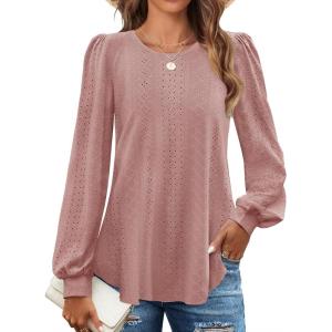 imageZESICA Long Sleeve Eyelet Tops for Womens Crew Neck Fall Shirts Casual Loose Blouses 2025 Trendy ClothesDusty Pink