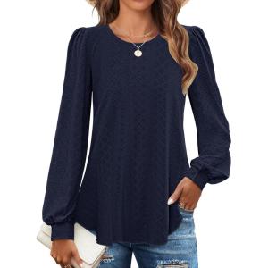 imageZESICA Long Sleeve Eyelet Tops for Womens Crew Neck Fall Shirts Casual Loose Blouses 2025 Trendy ClothesNavy