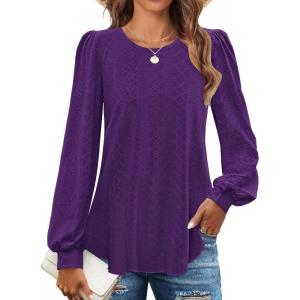 imageZESICA Long Sleeve Eyelet Tops for Womens Crew Neck Fall Shirts Casual Loose Blouses 2025 Trendy ClothesPurple