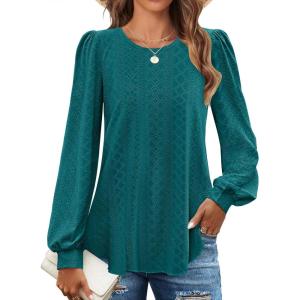 imageZESICA Long Sleeve Eyelet Tops for Womens Crew Neck Fall Shirts Casual Loose Blouses 2025 Trendy ClothesTealgreen
