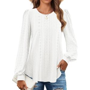 imageZESICA Long Sleeve Eyelet Tops for Womens Crew Neck Fall Shirts Casual Loose Blouses 2025 Trendy ClothesWhite