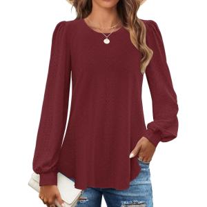 imageZESICA Long Sleeve Eyelet Tops for Womens Crew Neck Fall Shirts Casual Loose Blouses 2025 Trendy ClothesWine