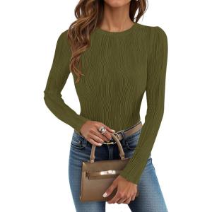imageZESICA Long Sleeve Shirts for Women Tops 2025 Fall Fashion Trendy Slim fit Textured TshirtsArmygreen
