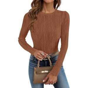 imageZESICA Long Sleeve Shirts for Women Tops 2025 Fall Fashion Trendy Slim fit Textured TshirtsBrown