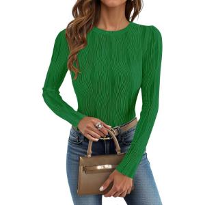 imageZESICA Long Sleeve Shirts for Women Tops 2025 Fall Fashion Trendy Slim fit Textured TshirtsGreen